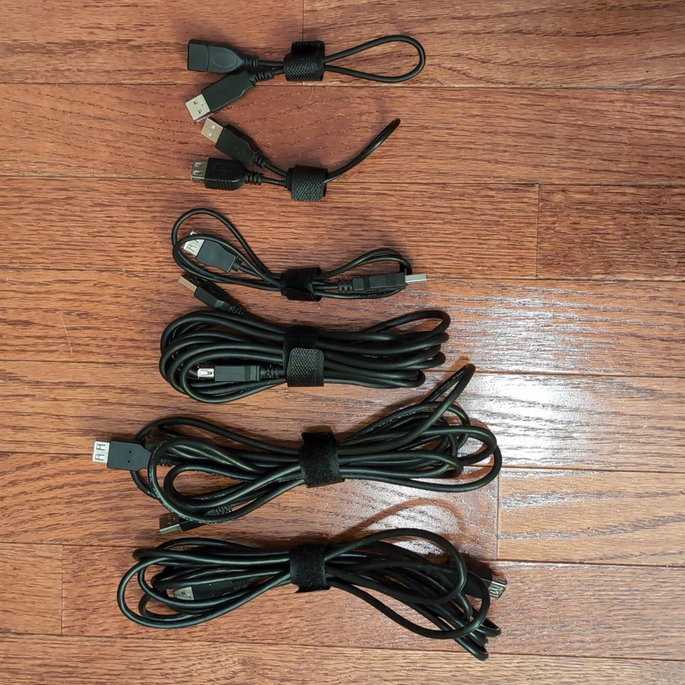 6 USB Extension Cables Black with Velcro Straps